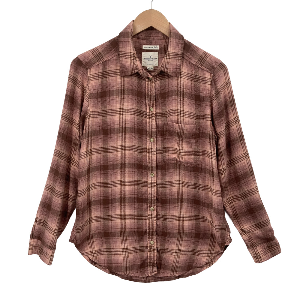 American Eagle Pink Plaid Flannel Shirt Medium Women Boyfriend Fit Casual Soft